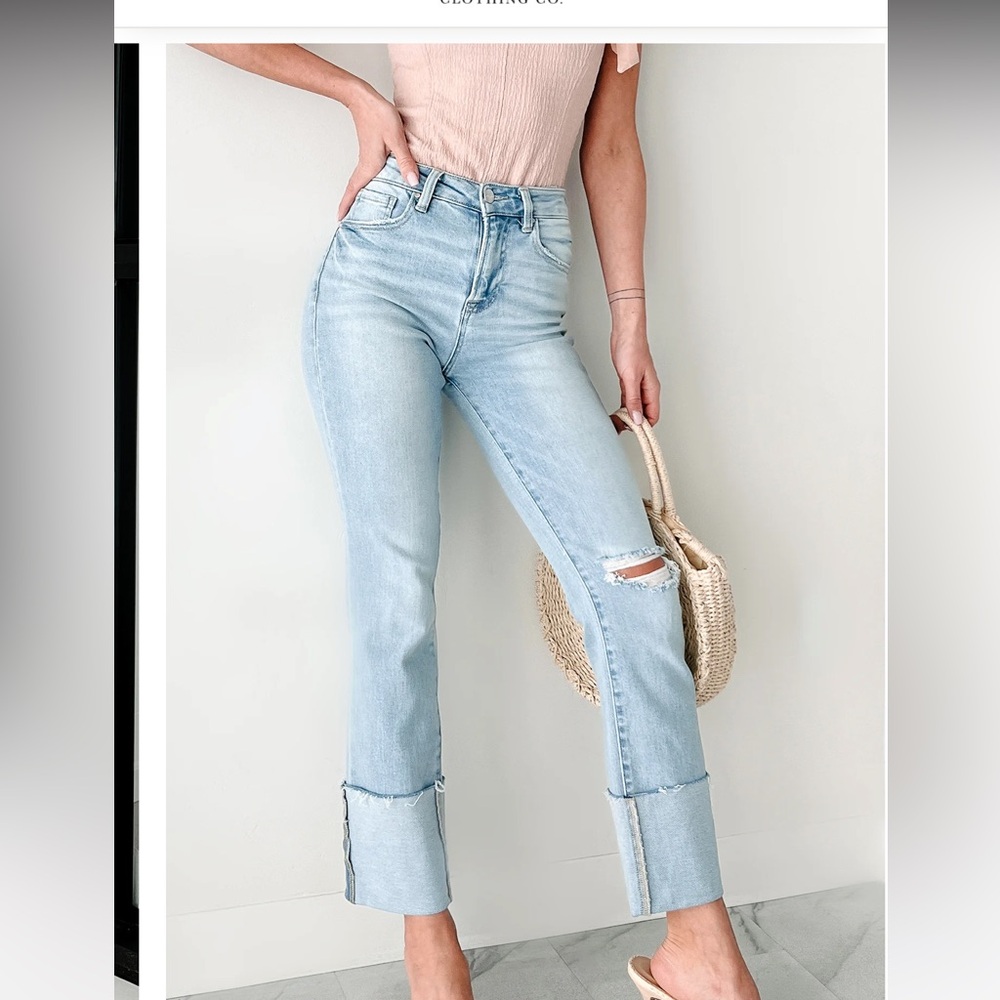 Risen Flint high rise cuffed ripped Light Blue Distressed Women's Jeans 1/25